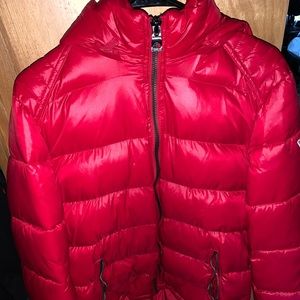 guess red puffer jacket